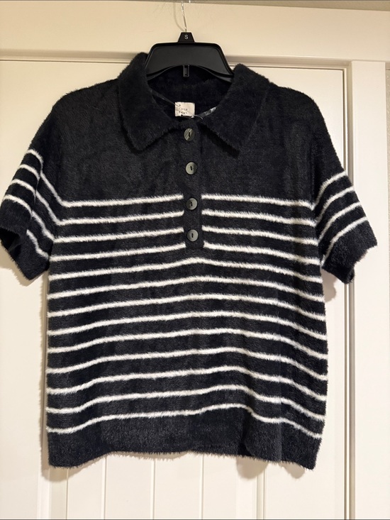 a new day Sweaters - Black & White Striped Fuzzy Polo Top